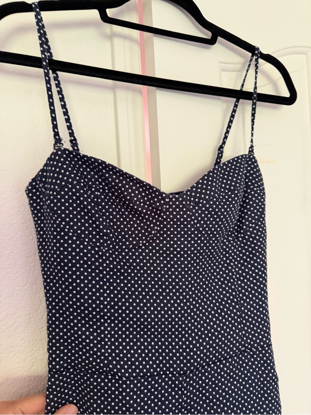 Reformation Navy and White Polka Dot Romper